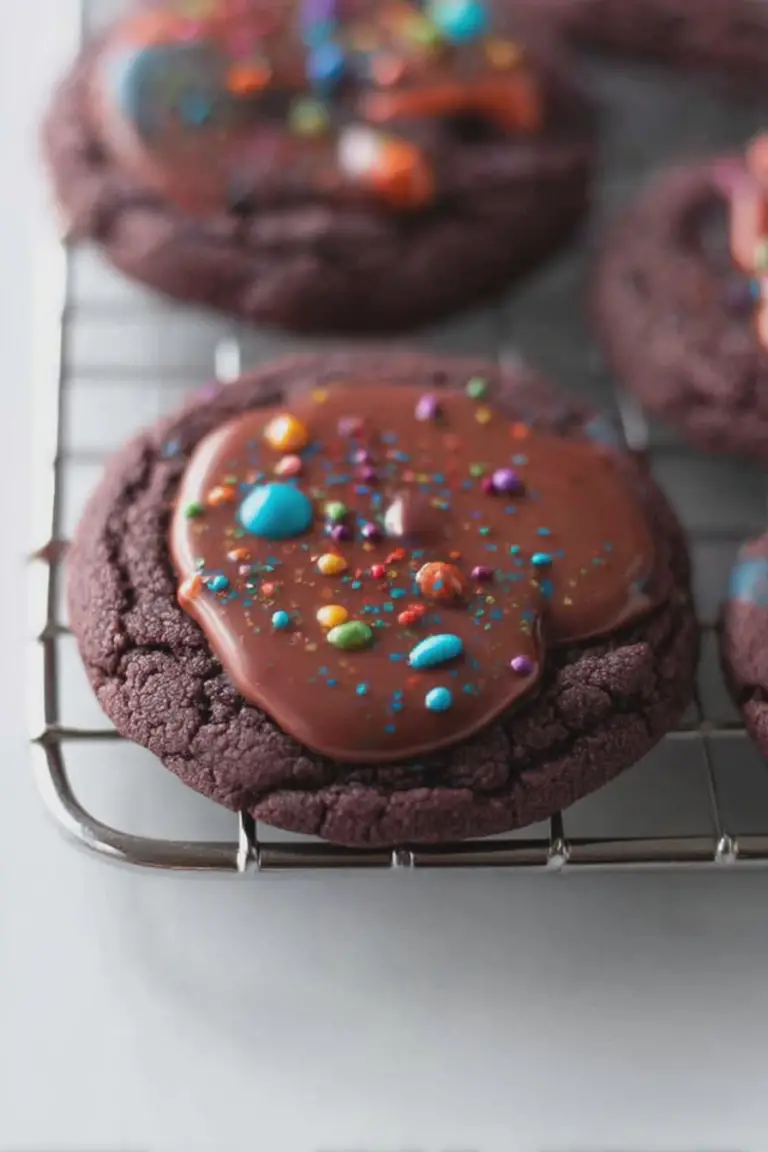 Fudgy cosmic brownie cookie topped with chocolate ganache and rainbow sprinkles on a wooden table next to a glass of milk.