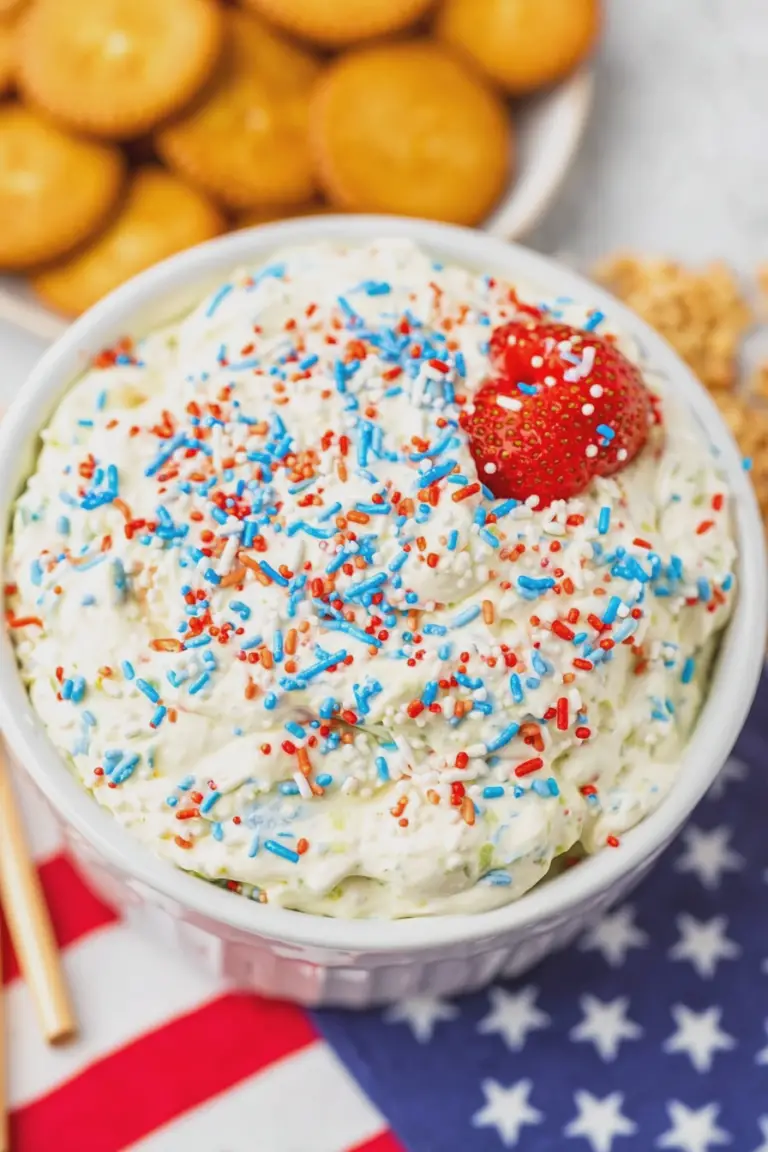 Colorful funfetti dip in a bowl garnished with sprinkles, with assorted dippers including fruit, pretzels, and cookies on the side.