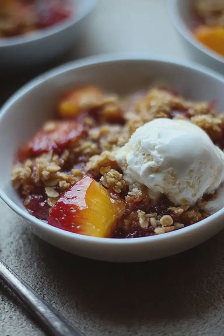 Delicious gluten-free strawberry nectarine crisp served in a bowl with vanilla ice cream on top, surrounded by fresh nectarines and strawberries.