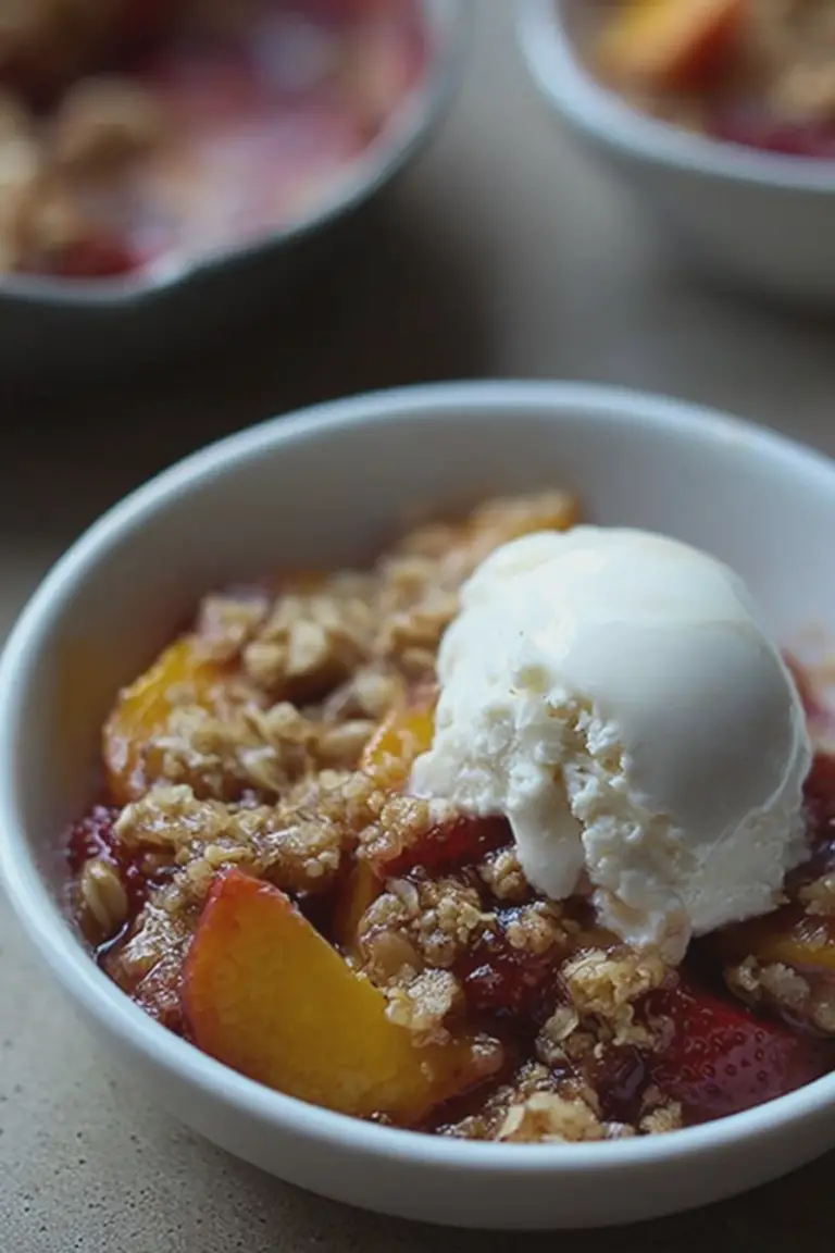 Delicious gluten-free strawberry nectarine crisp served with vanilla ice cream, showcasing a golden topping and vibrant fruit.