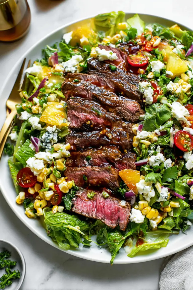 Gorgonzola steak salad with grilled steak, corn, tomatoes, and greens.