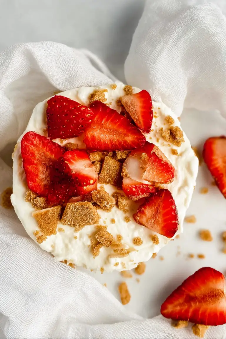 Close-up of a Greek yogurt rice cake topped with fresh strawberries and honey