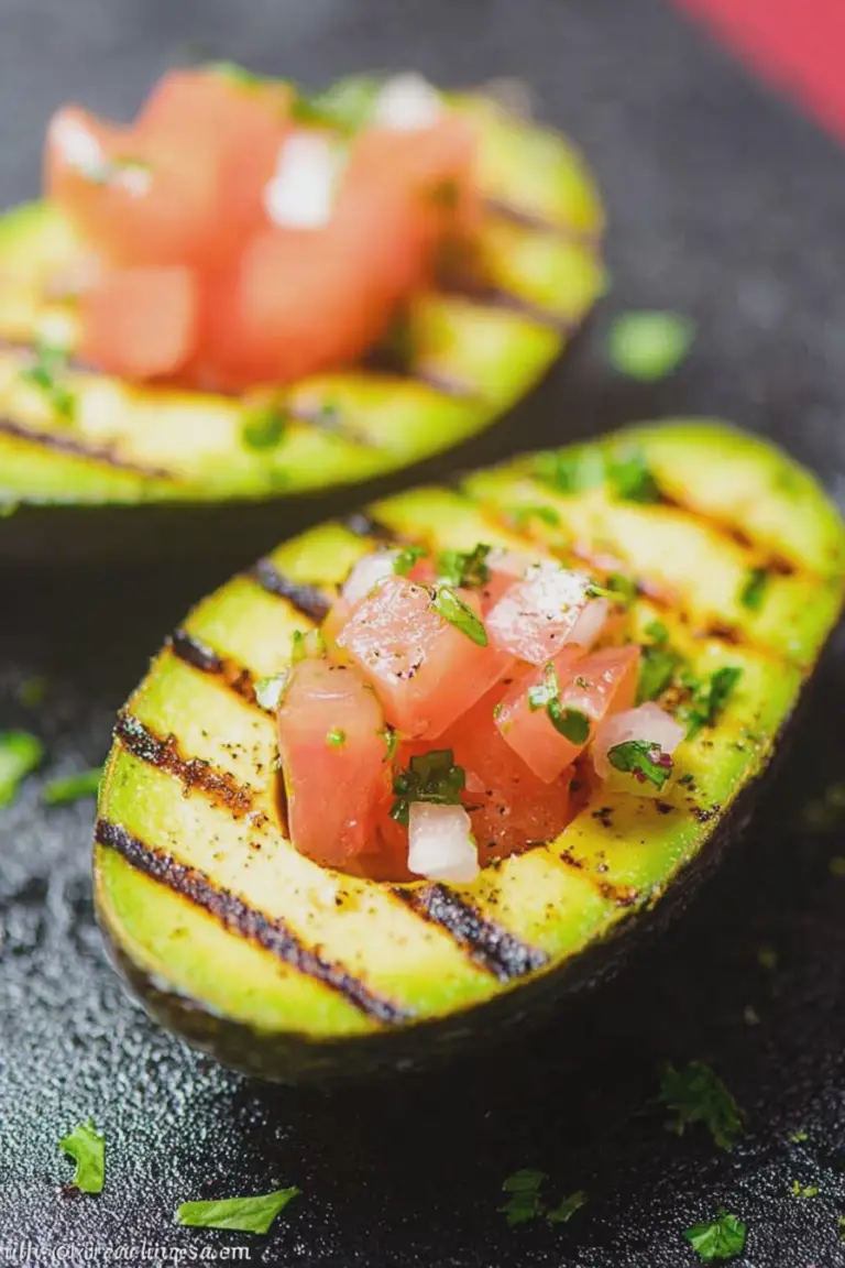 Grilled avocado half topped with fresh salsa on a plate.