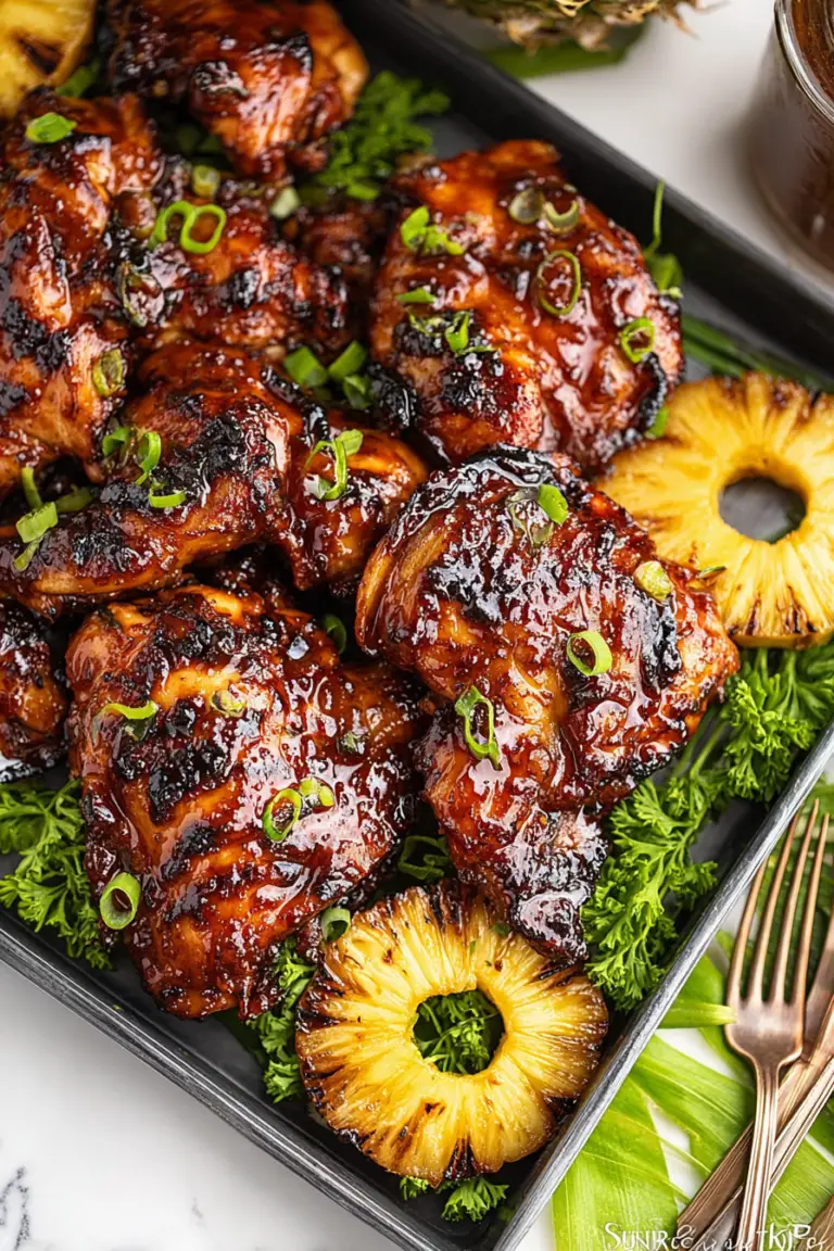 Grilled huli huli chicken with pineapple rings and green onions on a wooden platter.