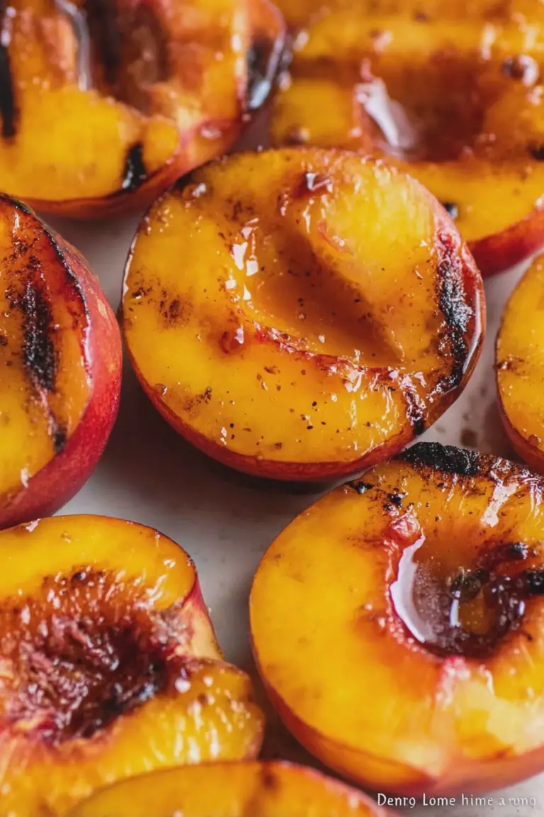 Grilled peaches with caramel drizzle and ice cream on a wooden table