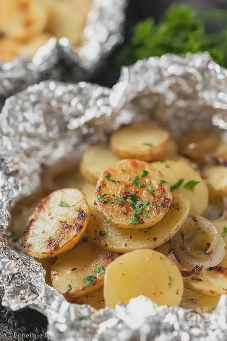 Close-up of delicious grilled potatoes in foil with herbs, ready to serve.