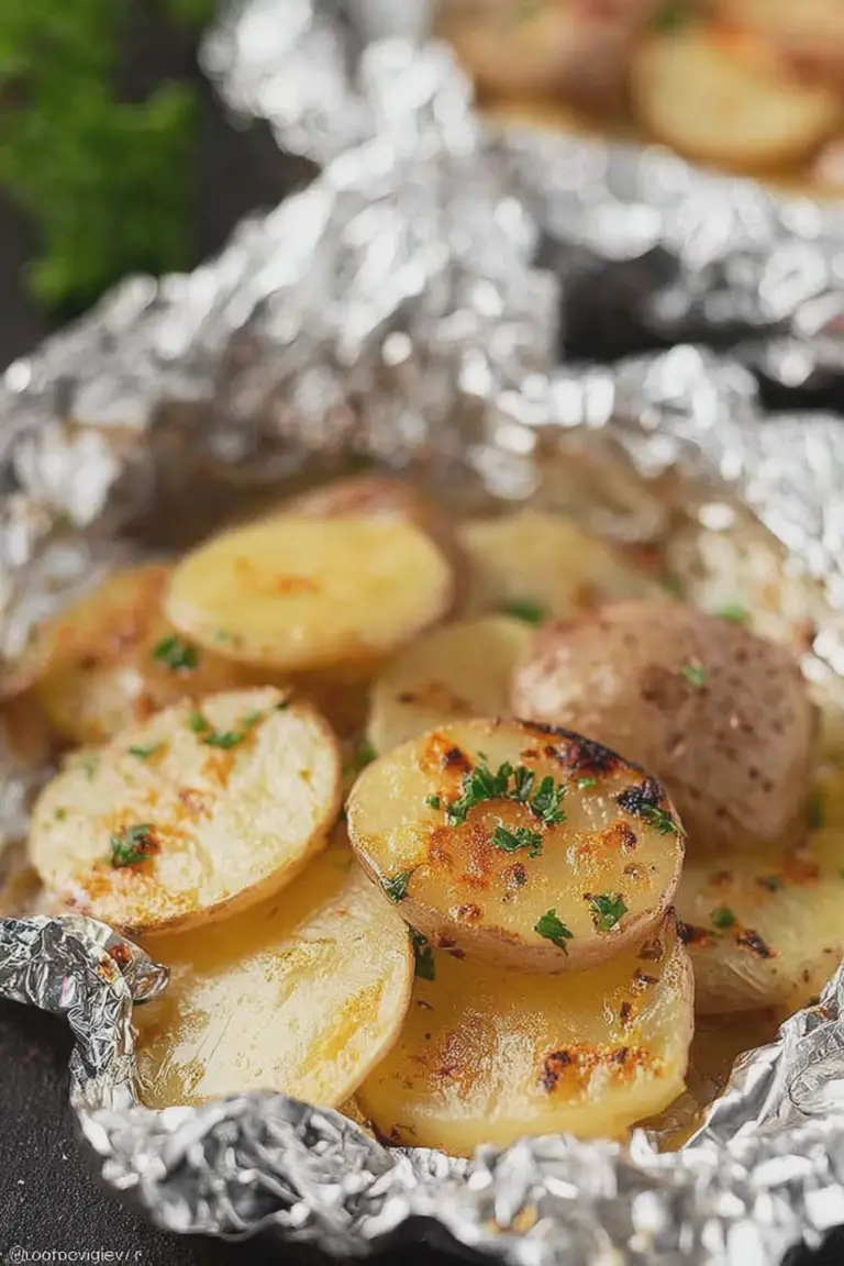 Delicious grilled potatoes in foil packets on a barbecue grill, highlighting the golden brown color and steam rising.