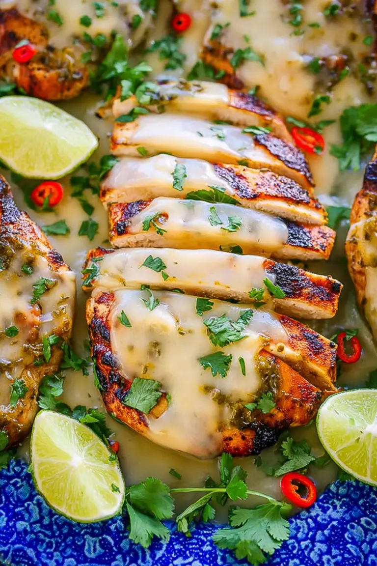 Close-up of grilled salsa verde chicken with pepper jack cheese, garnished with cilantro and lime wedges on a wooden table.