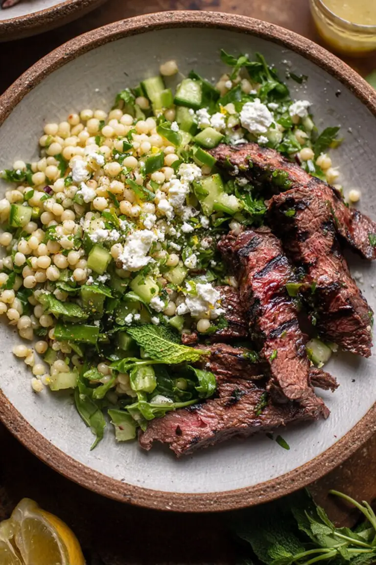 Grilled skirt steak with lemon herb couscous salad featuring fresh herbs and feta, plated for a summer dinner.