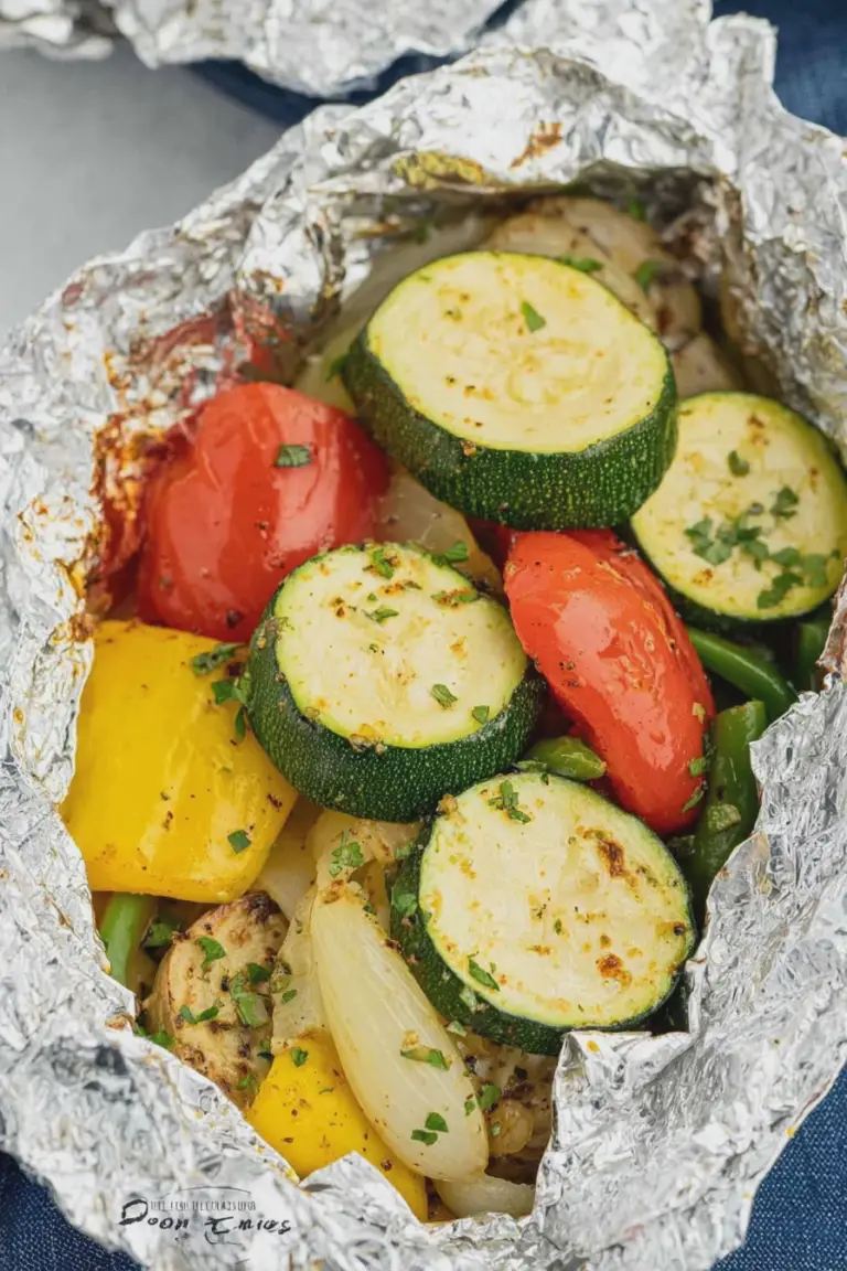 Grilled vegetables foil pack with zucchini, bell peppers, onion, and squash on the grill.