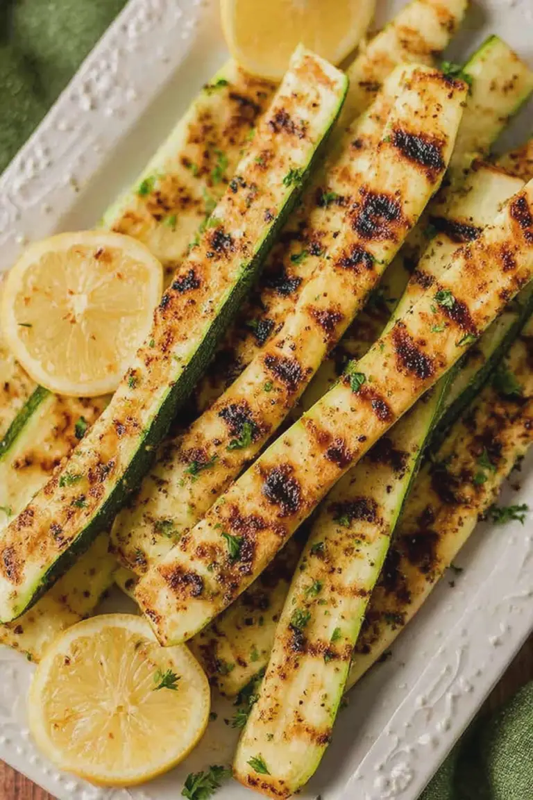 Close-up of perfectly grilled zucchini spears topped with fresh parsley on a rustic wooden table.