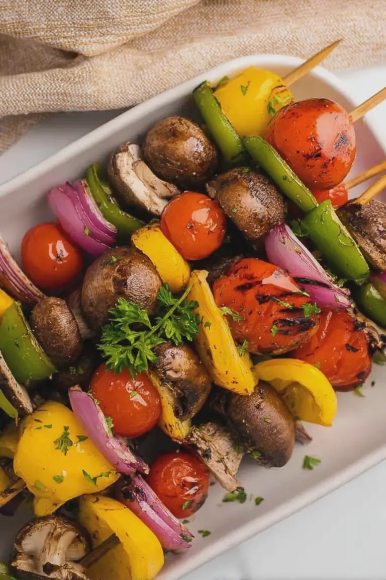 Delicious vegetable kabobs grilling, showcasing vibrant mushrooms, bell peppers, zucchini, and cherry tomatoes.