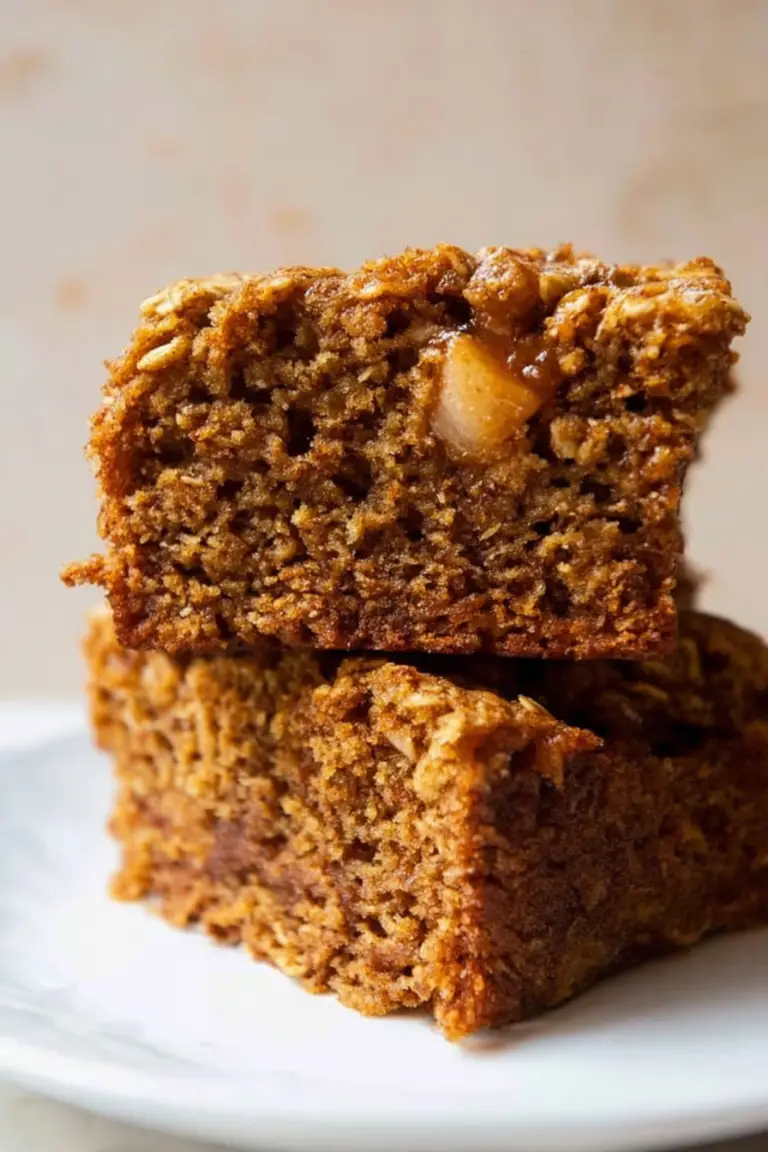 Healthy oatmeal apple cake slice on a wooden table with fresh apple slices and honey drizzle.