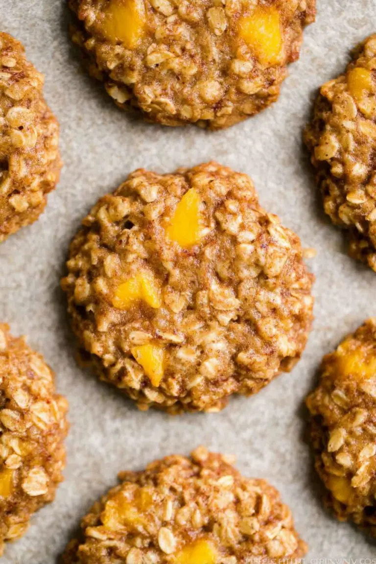 Close-up of healthy peach oatmeal breakfast cookies with fresh peaches and oats, ideal for a nutritious breakfast.