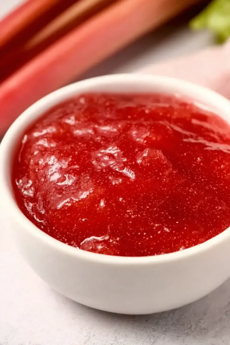 Jar of healthy rhubarb jam without pectin surrounded by fresh rhubarb and ginger slices.
