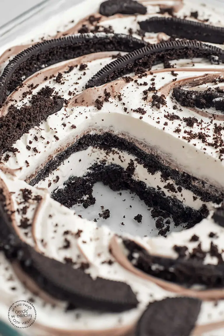Delicious slice of Heavenly Oreo Dessert with layers of cream cheese and chocolate pudding, topped with Oreo crumbs.
