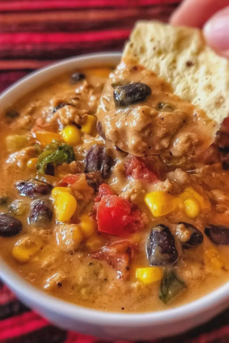 Hearty high protein creamy taco soup garnished with cilantro and onions, showcasing the ingredients used like ground beef, beans, and corn.