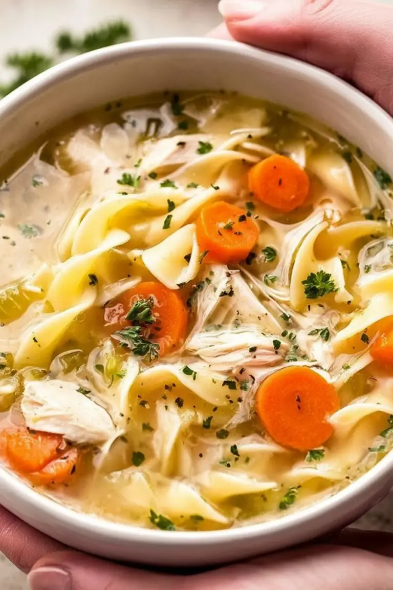A delicious bowl of homemade crockpot chicken noodle soup with fresh parsley garnish.