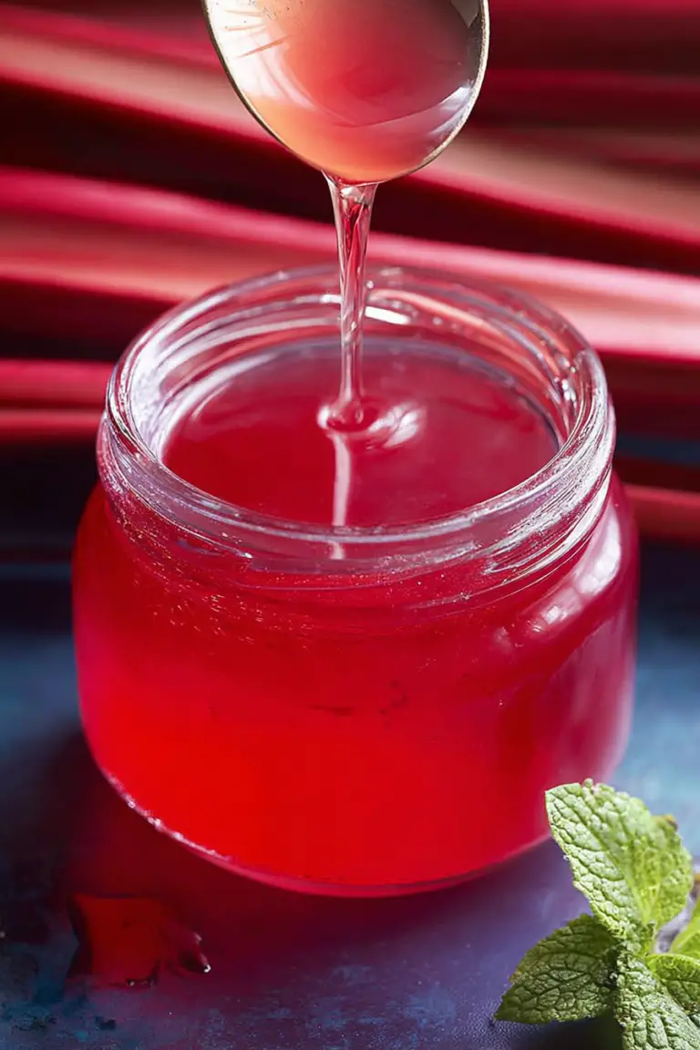 Homemade rhubarb simple syrup in a glass jar with fresh rhubarb and mint leaves
