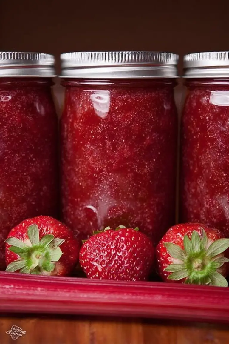 Homemade strawberry rhubarb jam in a jar with fresh strawberries and rhubarb stalks in a rustic setting