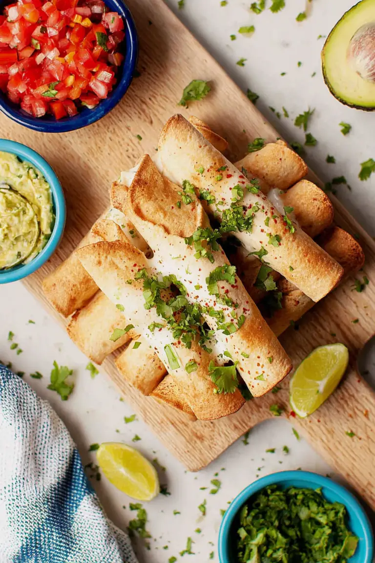 Plate of homemade taquitos with guacamole, salsa, and sour cream, perfect for a delicious appetizer or dinner.