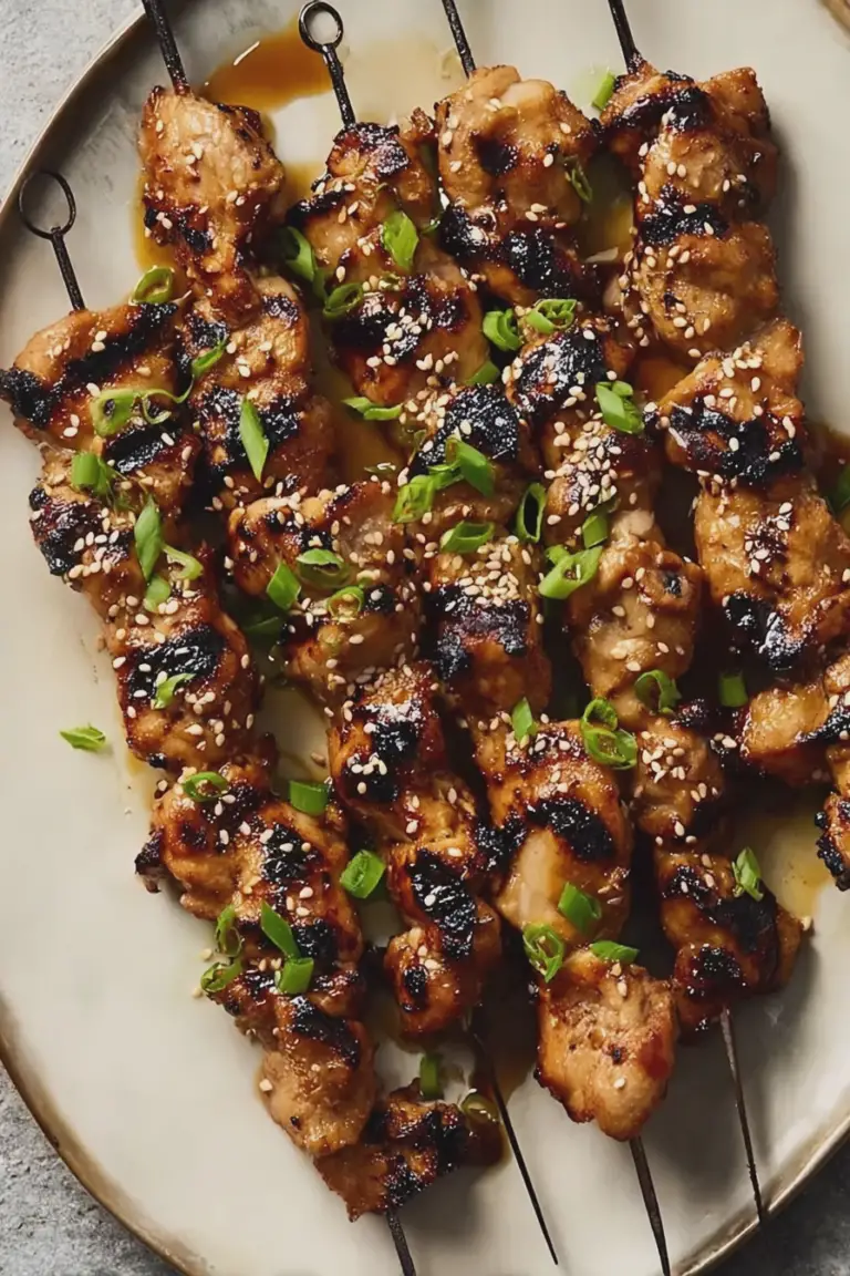 Delicious honey garlic Asian chicken kabobs sizzling on a grill, garnished with green onions and sesame seeds.