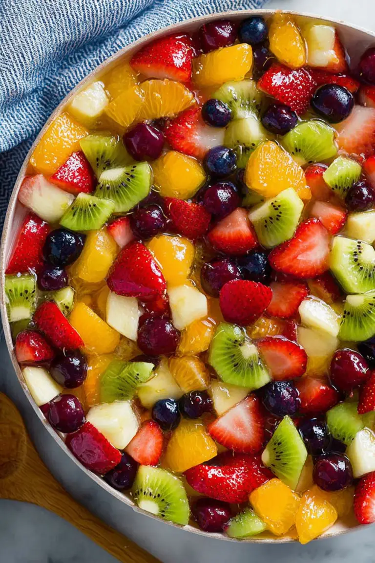 Bowl of honey lime rainbow fruit salad filled with colorful fruits including strawberries, blueberries, pineapple, and kiwis, drizzled with honey lime dressing.