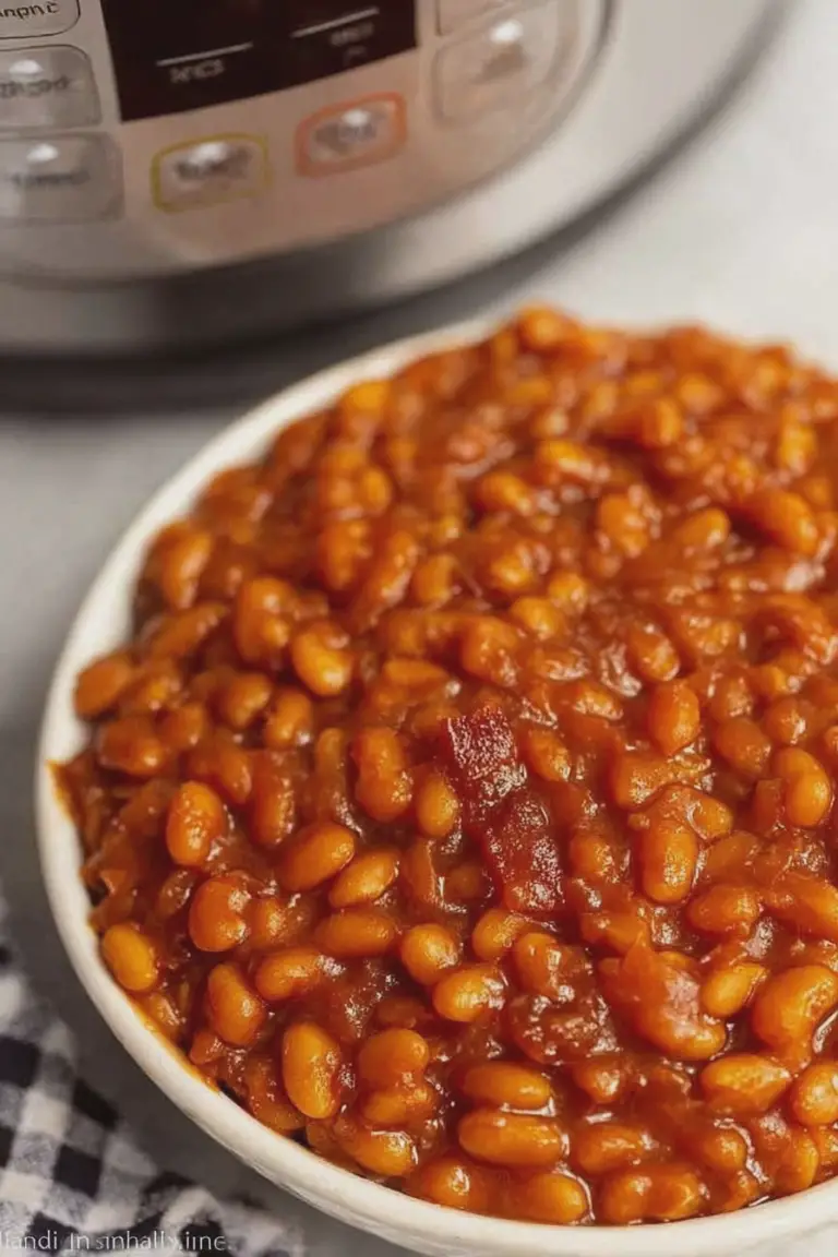 Delicious instant pot baked beans served in a bowl with herbs on top.