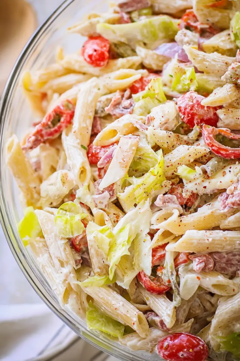Colorful Italian grinder pasta salad with pepperoni, grape tomatoes, and creamy dressing