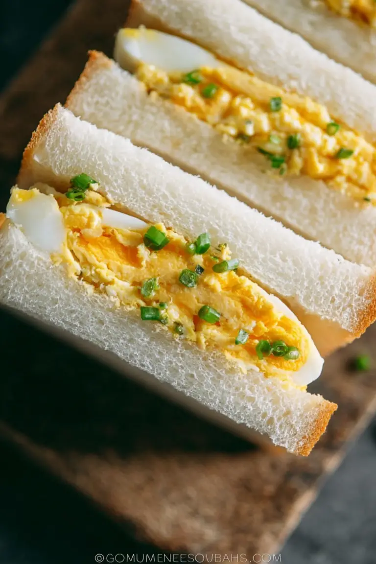 Close-up of a Japanese egg sandwich cut in half, featuring creamy egg salad filling and garnished with chives.