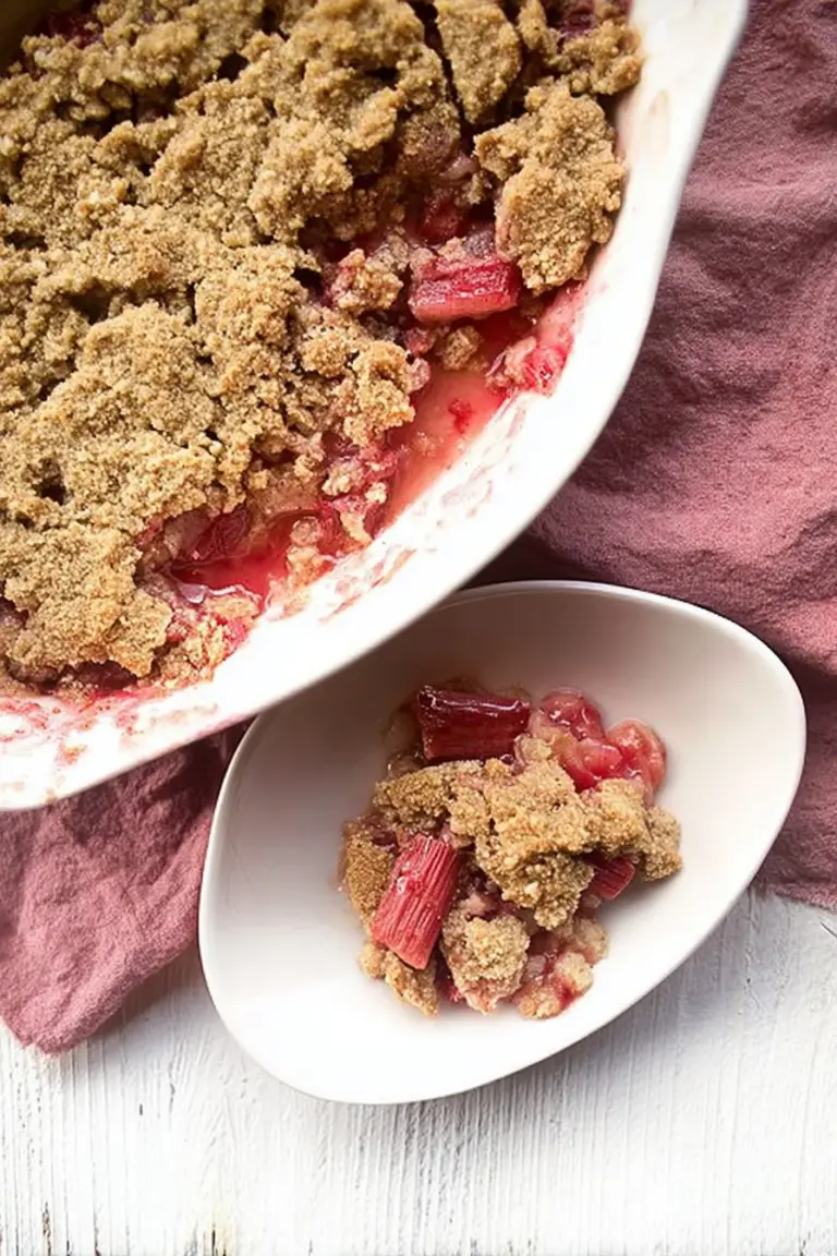 Keto rhubarb crisp with a crispy topping served in a glass baking dish, garnished with rhubarb and mint.