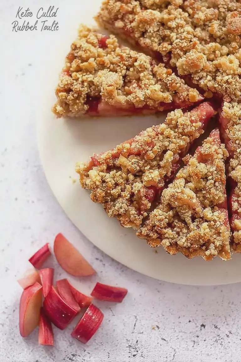 Slice of keto rhubarb crumble tart on a wooden table, highlighting the delicious layers of filling and crunchy topping.