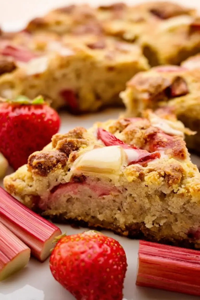 Close-up of keto strawberry rhubarb scones on a wooden table, highlighting the delicious texture and fresh ingredients.