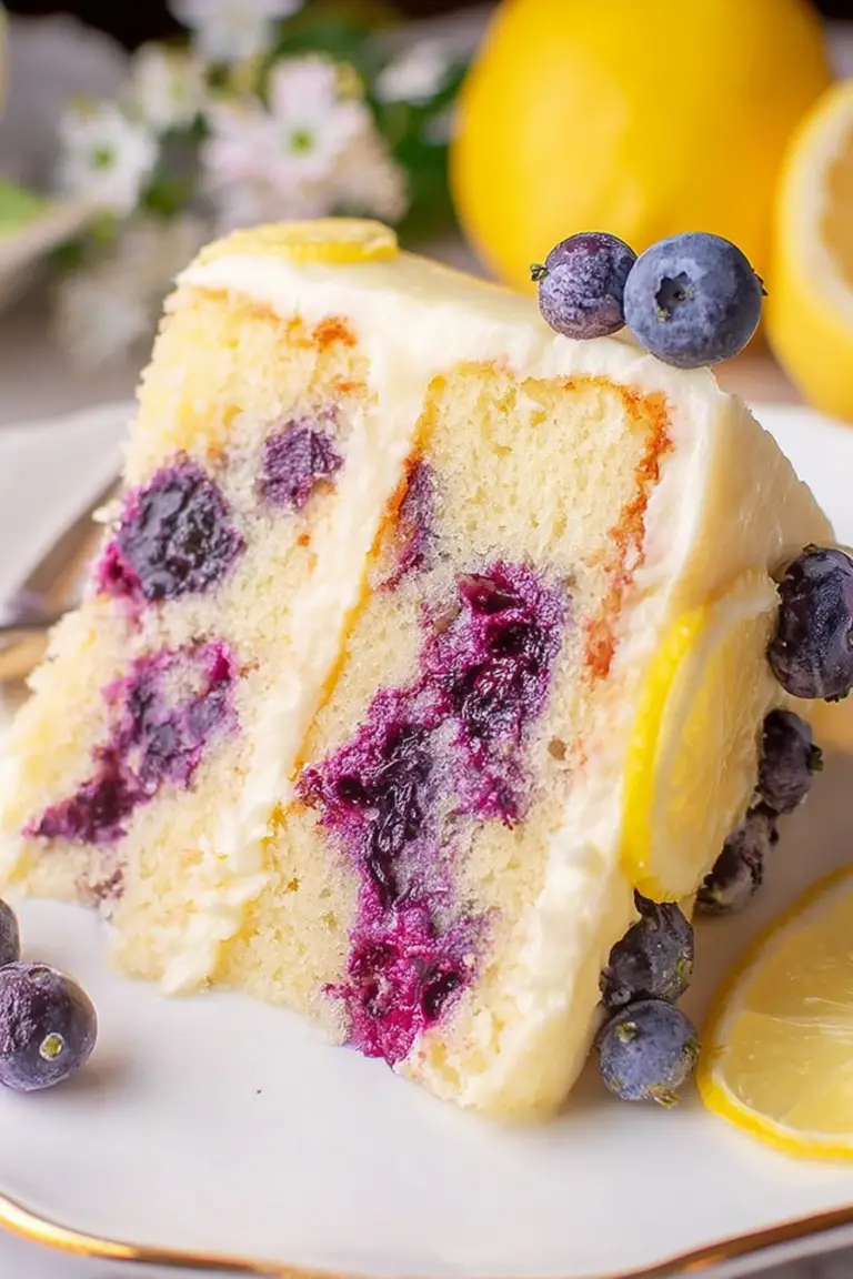 Slice of lemon blueberry buttermilk cake displaying moist texture and blueberries on a white plate with a fork.
