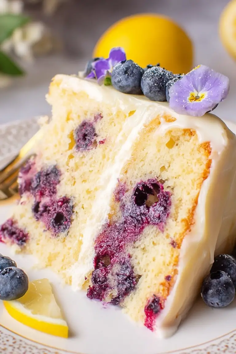 Slice of lemon blueberry buttermilk cake adorned with fresh blueberries and lemon slices, served on a white plate.