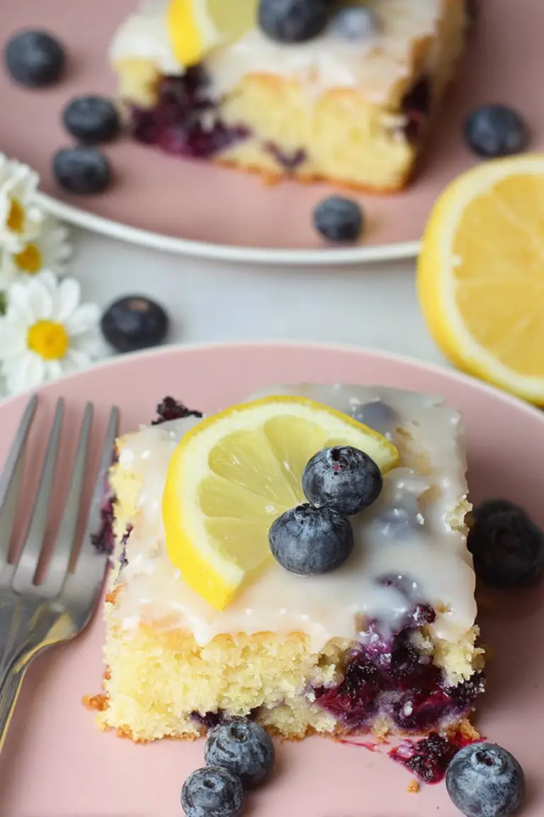 Slice of lemon blueberry sheet cake with fresh blueberries and lemon slices on a wooden table