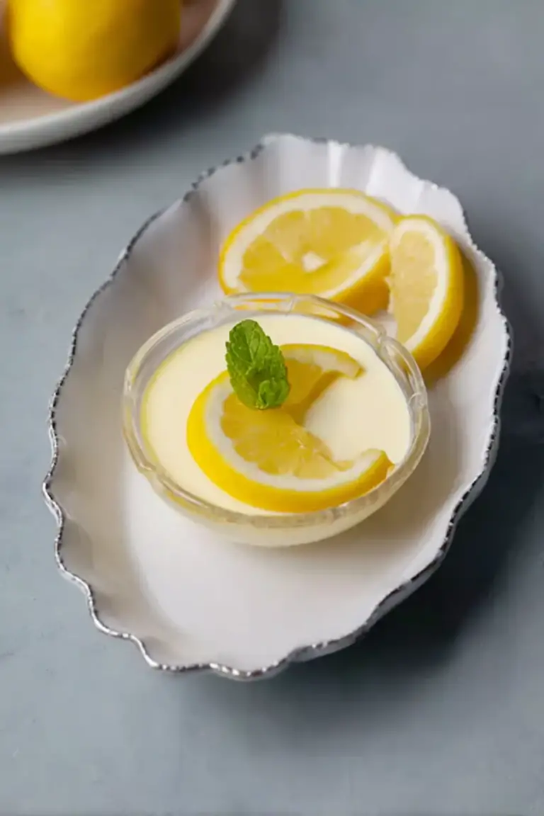 Lemon posset dessert served in lemon shells, garnished with mint and lemon slices