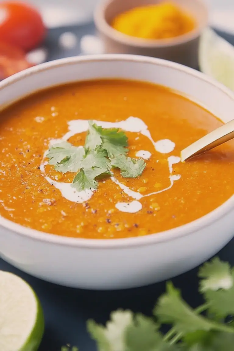 Bowl of lentil tomato soup with cilantro and coconut cream, served with bread.