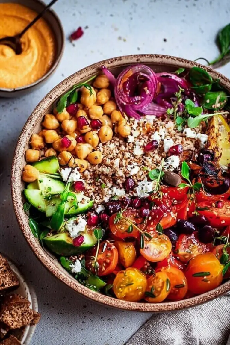 Colorful Mediterranean bowl with roasted chickpeas, veggies, quinoa, hummus, and feta cheese on a wooden table.