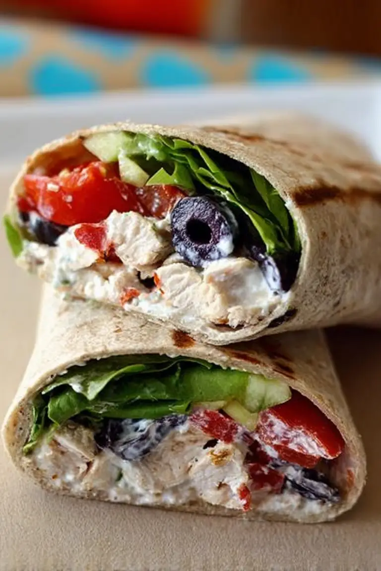 Mediterranean chicken wraps filled with chicken, feta cheese, and fresh vegetables, garnished with herbs and lemon.