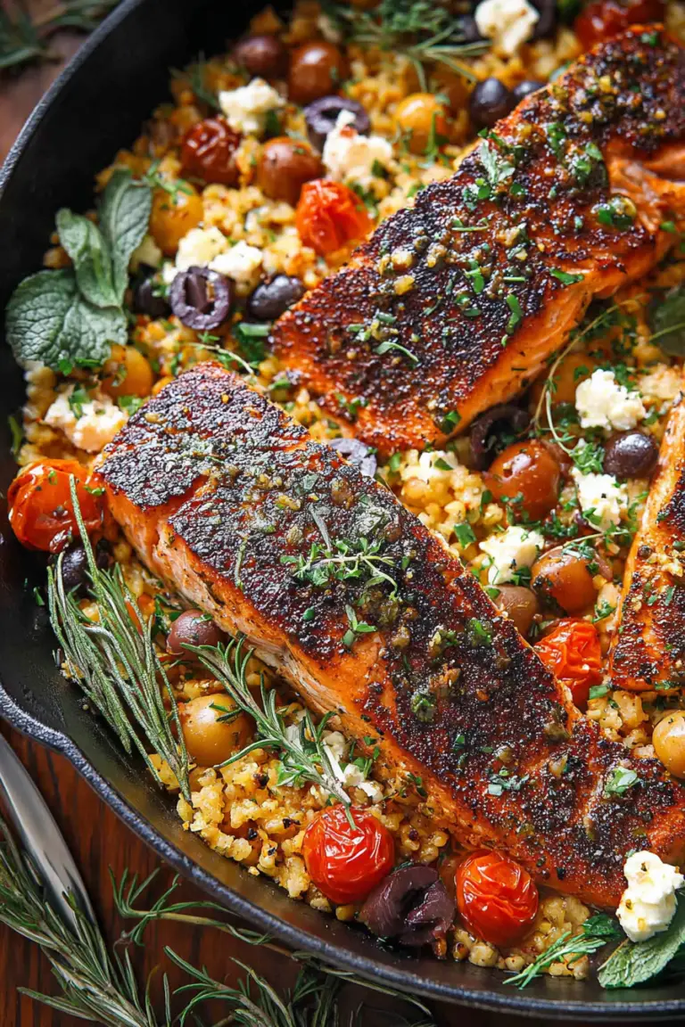 Mediterranean salmon dish with chickpeas and cherry tomatoes on a wooden table, garnished with lemon and fresh herbs.