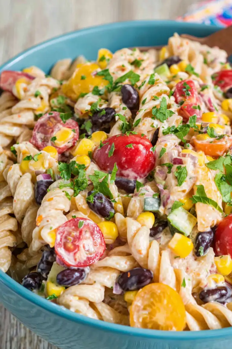 Colorful Mexican Pasta Salad with black beans, corn, red peppers, and cilantro in a bowl.