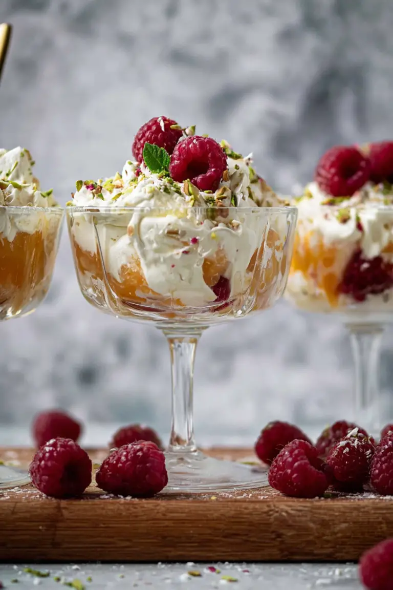 Delicious mid-summer Eton mess served in glasses with fresh berries, mango, and meringue.
