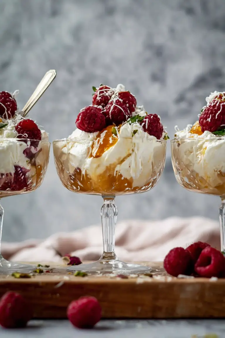 Delicious mid-summer Eton Mess with meringue, mango, and fresh berries in a glass