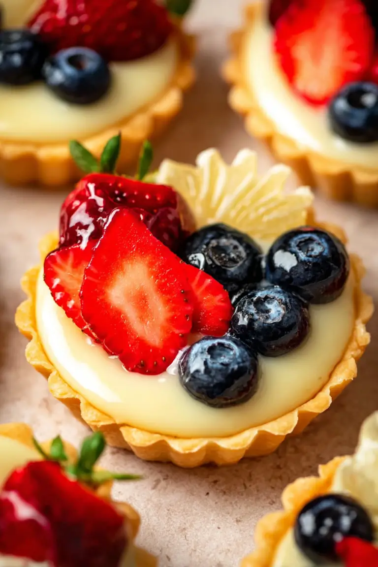 Close-up of colorful mini fruit tarts with strawberries and blueberries on a plate.