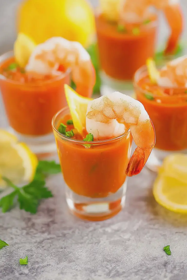 Mini shrimp cocktail shooters garnished with parsley and lemon wedges on a wooden table.