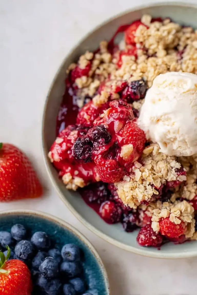 Delicious mixed berry crisp topped with oat streusel and served with vanilla ice cream.