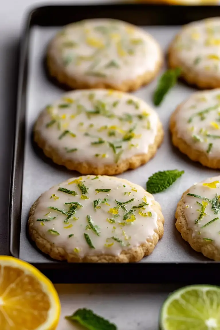 Plate of mojito sugar cookies garnished with mint leaves and lime zest on a colorful table.