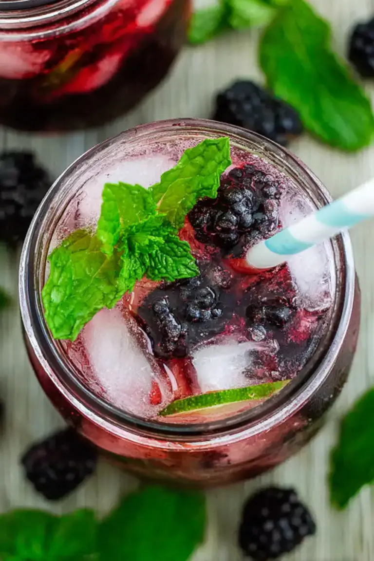 Refreshing mulberry mojito with mint garnish and lime wedges on a wooden table