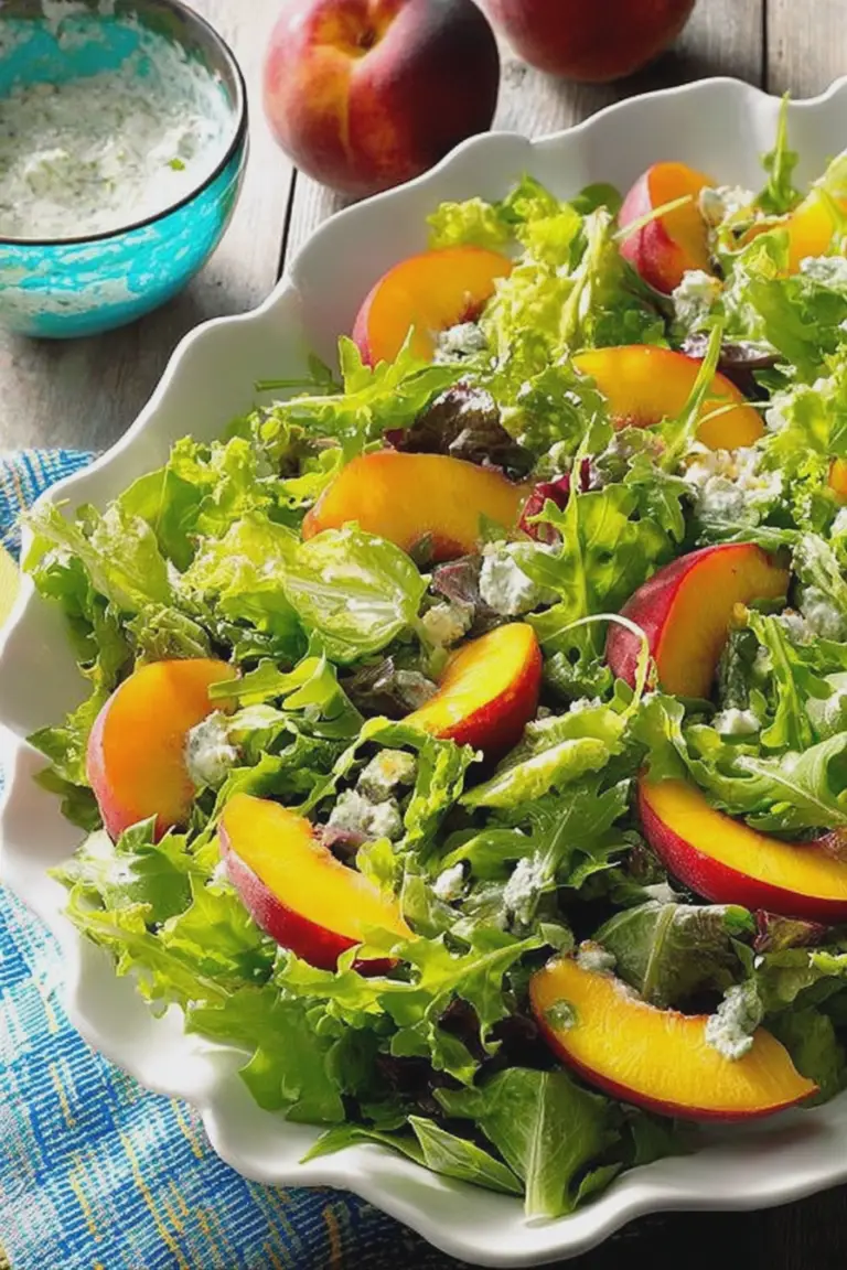 A colorful nectarine arugula salad with sliced nectarines, blue cheese, and toasted pine nuts